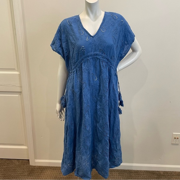 AMIANI 100% Cotton Blue Eyelet Midi Dress Beach Cover Up - Picture 1 of 10